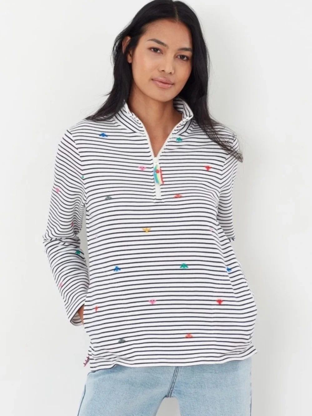 Joules Rainbow Bees Navy Blue and White Stripe Funnel Neck Half Zip Pullover 8